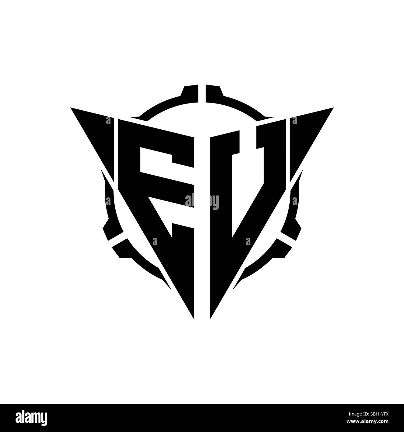 EU Gaming Logo Initial mit geometrischem, modernem Dreieck abgerundetem Sniper Tactical Design im isolierten Hintergrund, minimalistisches Gaming-Monogramm lo Stock Vektor