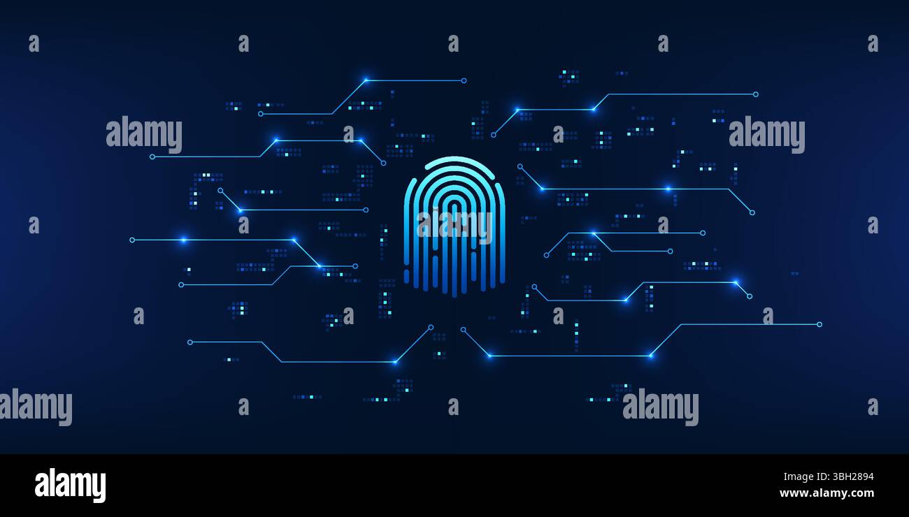 Cybersicherheitstechnologie, die mit dem Technologiekreis verbunden ist, vermittelt biometrische Authentifizierung und Cybersicherheit für den Zugriff auf kritische Busins Stock Vektor