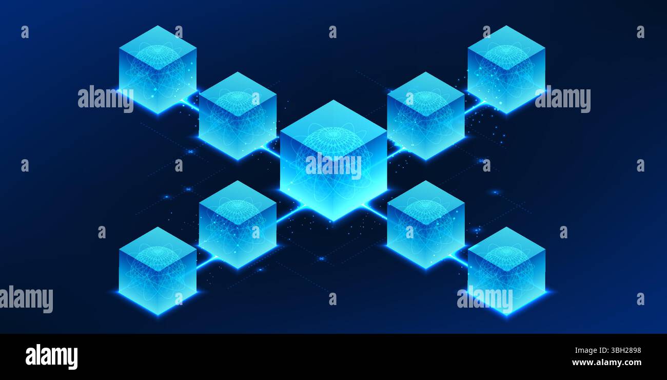 Quantum Technology, eine Reihe miteinander verbundener quadratischer Boxen, stellt die Verarbeitung der Quantentechnologie dar, die parallel und mit einem schnellen Partikelle arbeitet Stock Vektor