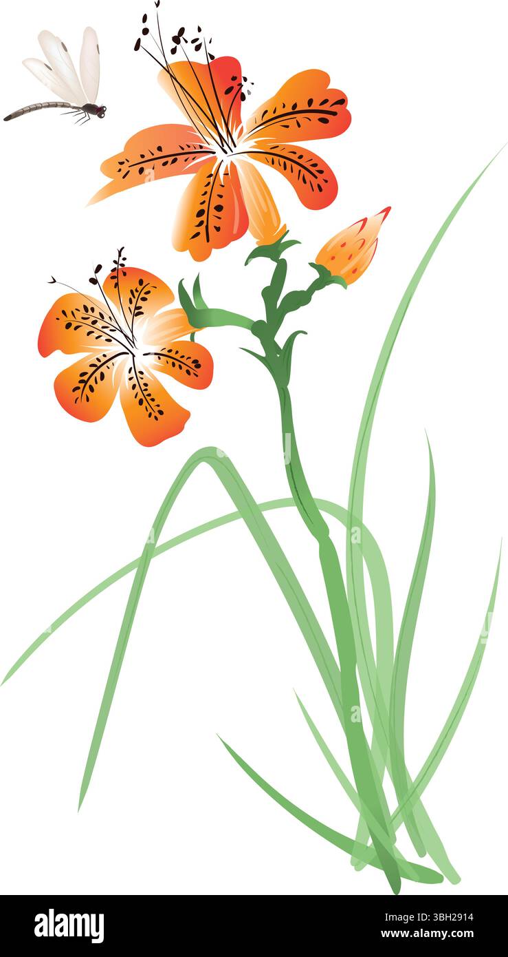 Digitales Kunstwerk einer Libelle und einer Hemerocallis-Pflanze, das traditionelle chinesische Tinte mit minimalen Pinselstrichen und heiterer Ästhetik in einem sauberen, mu Stock Vektor