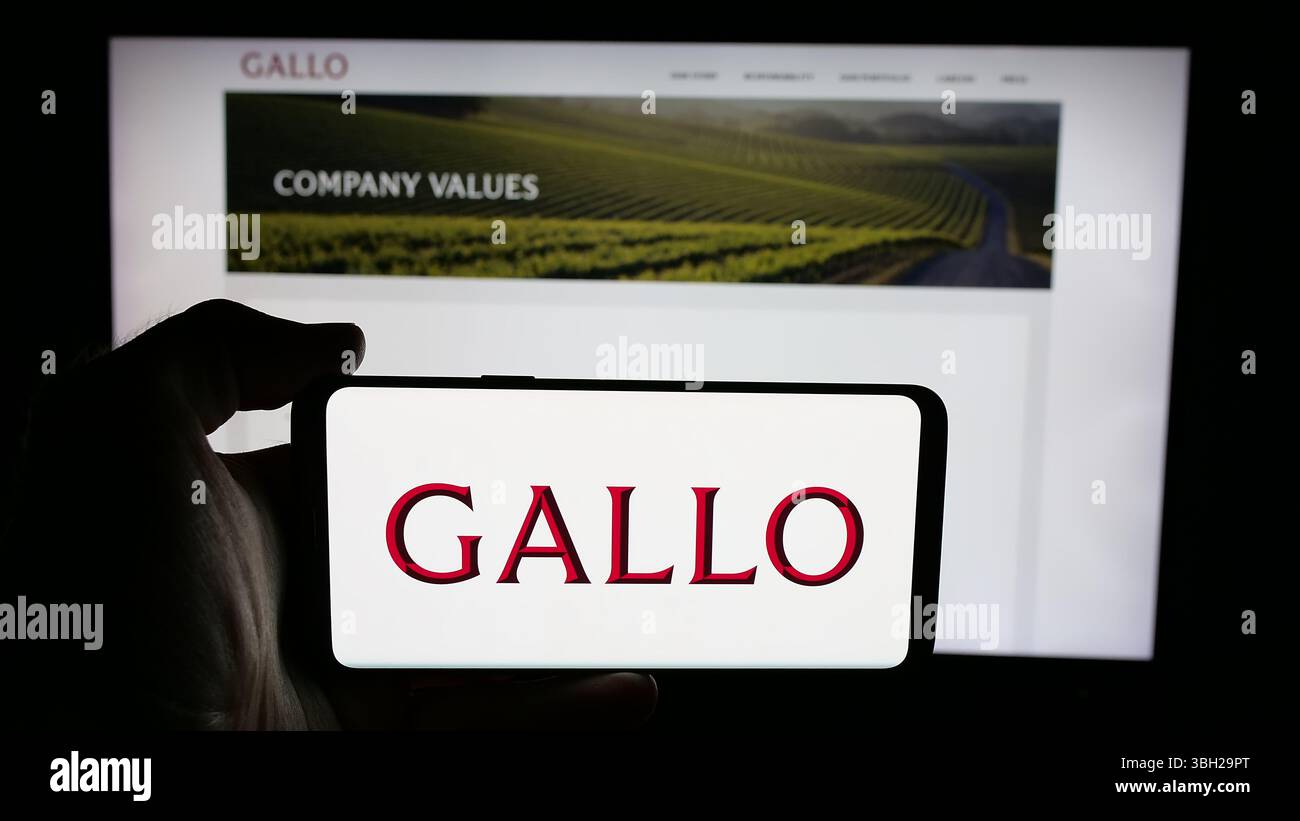 Deutschland. Mai 2025. In dieser Abbildung hält eine Person ein Handy mit dem Logo des US-amerikanischen Weinherstellers E. J. Gallo Winery auf dem Bildschirm vor der Webseite. (Foto von Timon Schneider/SOPA Images/SIPA USA) *** ausschließlich für redaktionelle Nachrichten *** Credit: SIPA USA/Alamy Live News Stockfoto