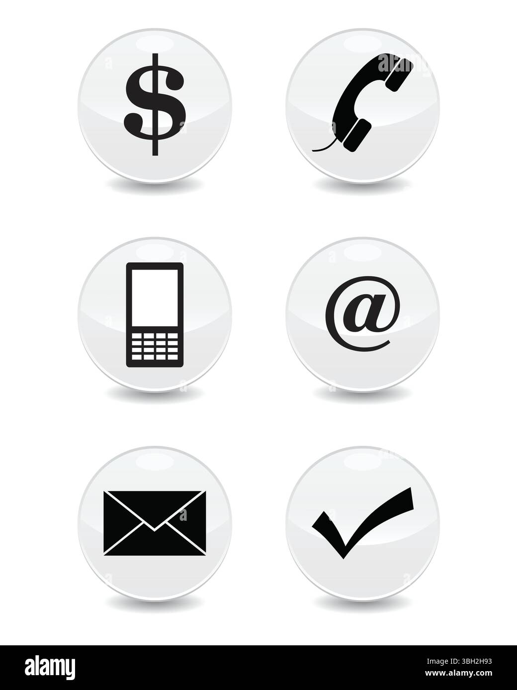 Set aus 6 linearen Vektorsymbolen für Schreibwaren. E-Mail, Telefon, Mobiltelefon, Kommunikation, Häkchen-Symbole. Isolierte Sammlung für Website-Symbol auf hellgrauer Kugel Stock Vektor