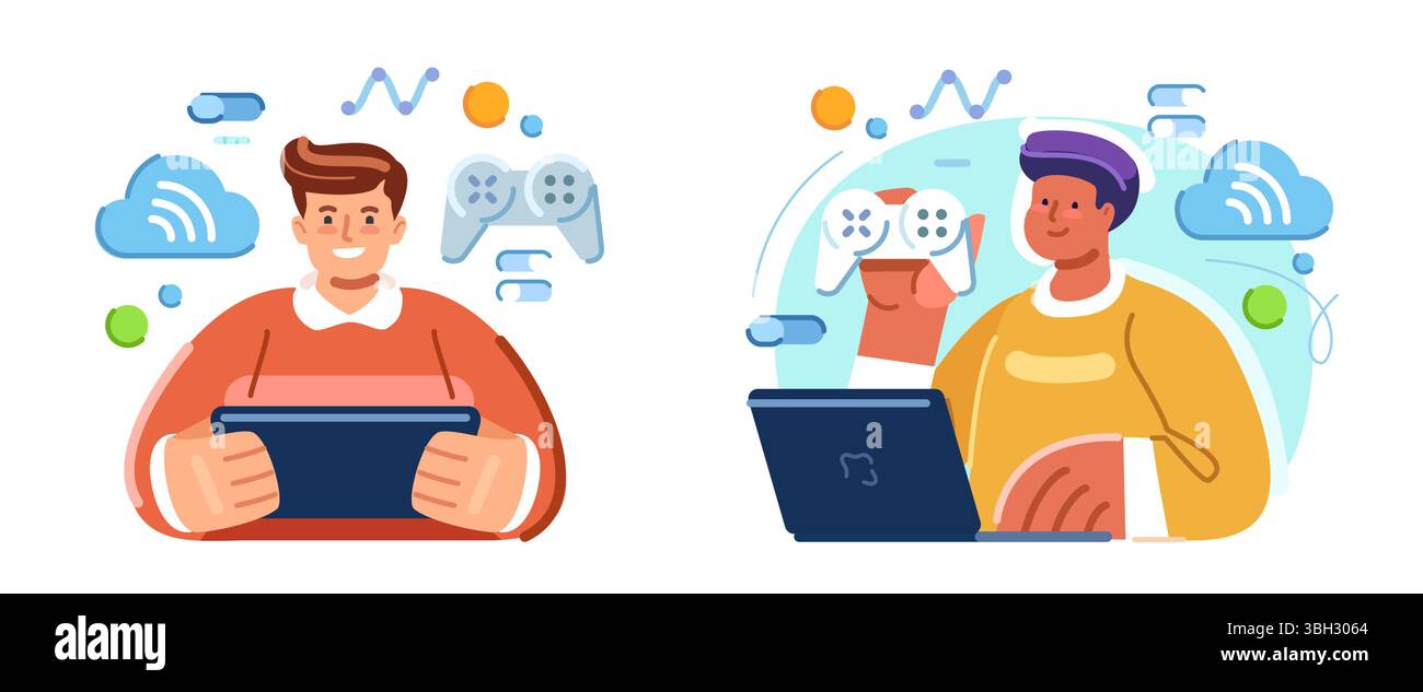 Professioneller Streamer junger Mann mit Laptop. Video-Cyber-Gamer mit Gamepad Stock Vektor