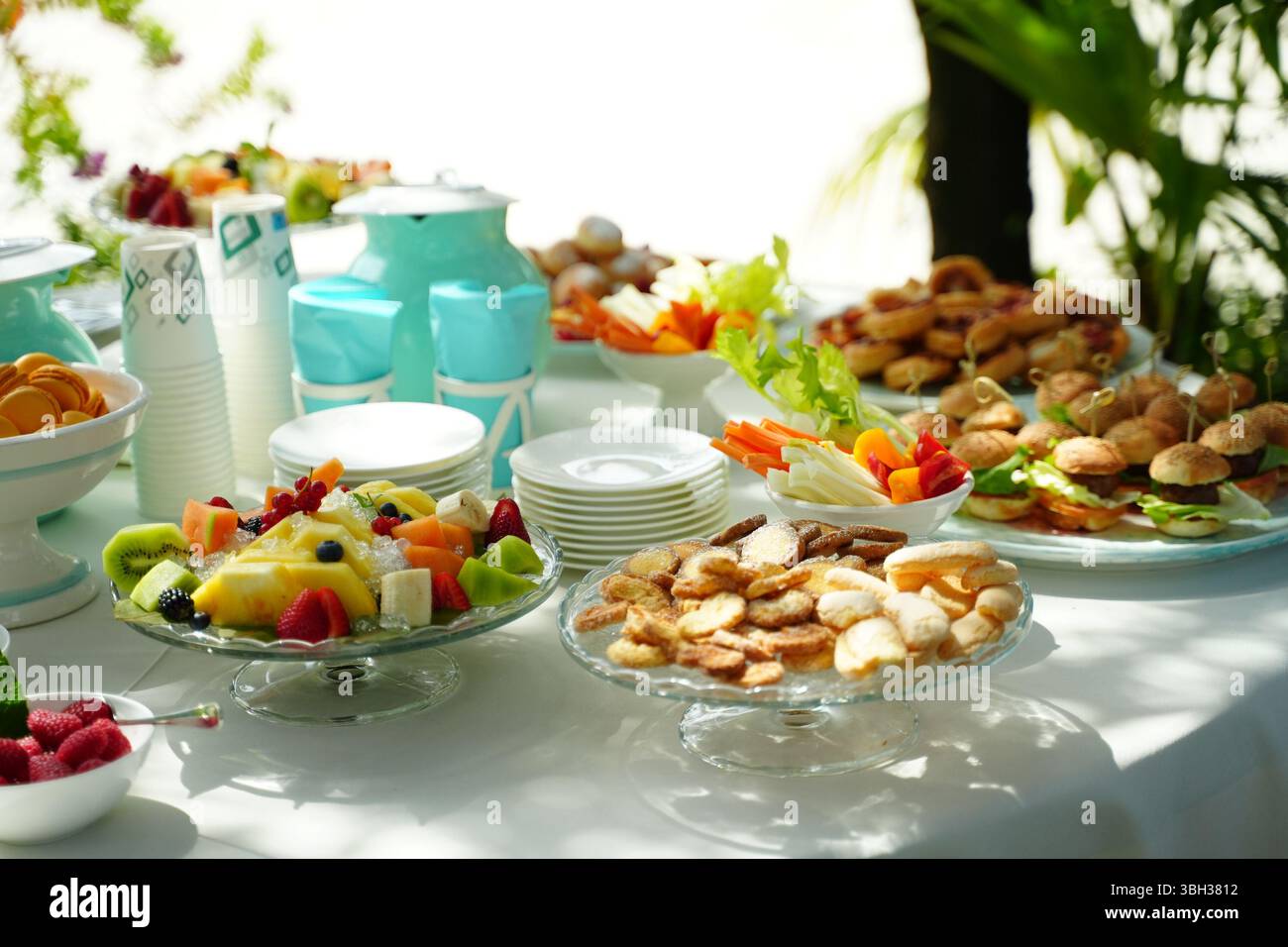 Am Buffet-Tisch im Freien werden verschiedene Speisen wie frisches Obst, Mini-Burger, Gebäck und bunte Getränke angeboten. Auf Geschirr arrangiert, perfekt für Veranstaltungen Stockfoto