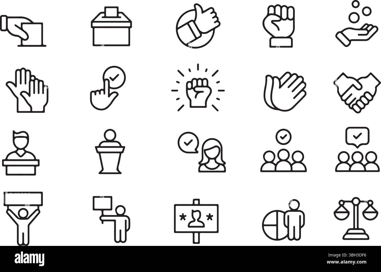 Dünne Symbolreihe der Wahl Wahlpolitik Demokratie Kampagne Solidarität. Symbolsammlung. Pixel-perfekte Symbole, bearbeitbare Kontur. Stock Vektor