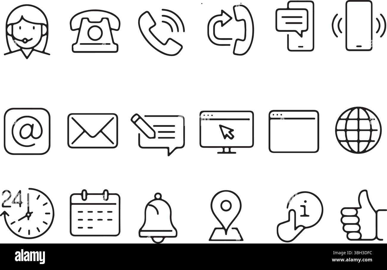 Schlanke Symbolgruppe für Kundendienst, Kontakt, Support, Helpdesk, Informationen, Callcenter, Chat. Pixel-perfekte Symbole, bearbeitbare Kontur. Stock Vektor