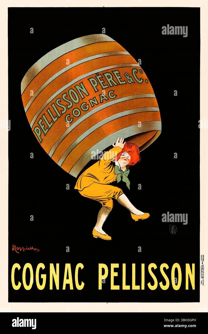 Werbeplakat „Cognac Pellisson“ 1907 des französischen Künstlers Leonetto Cappiello (1875-1942), das ein rothaariges Kind in gelbem Outfit zeigt, das um einen riesigen gestreiften Cognac-Fass mit der Aufschrift „Pellisson Père & Cie Cognac“ kämpfen muss. Foto eines Original-Posters aus dem Jahr 1907, veröffentlicht von Imp. P. Vercasson, Paris. Kredit: Privatsammlung / AF Fotografie Stockfoto