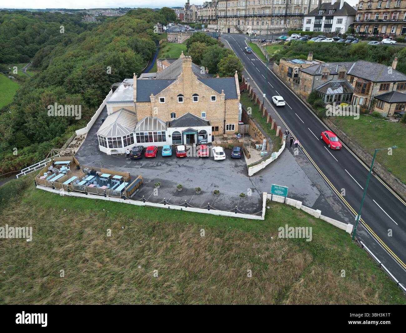 Blick aus der Vogelperspektive auf das Spa Hotel, Saltburn by the Sea British Seaside Resort, North Yorkshire Stockfoto