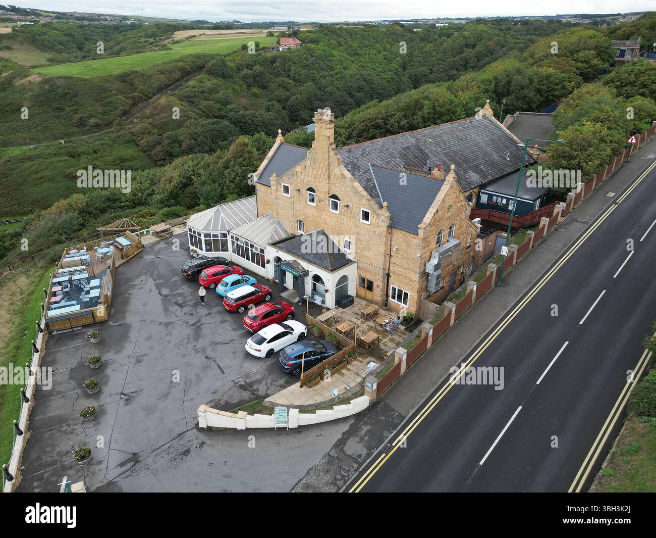 Blick aus der Vogelperspektive auf das Spa Hotel, Saltburn by the Sea British Seaside Resort, North Yorkshire Stockfoto