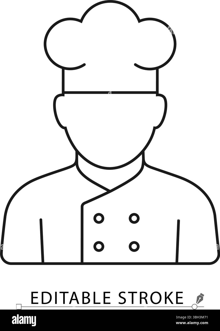 Cheffigur im Line-Stil mit Hut und bearbeitbarem Strich. Flache Umrisse des professionellen Kochs in Uniform, Vektorsymbol für die kulinarische Industrie, Küchenpersonal Stock Vektor