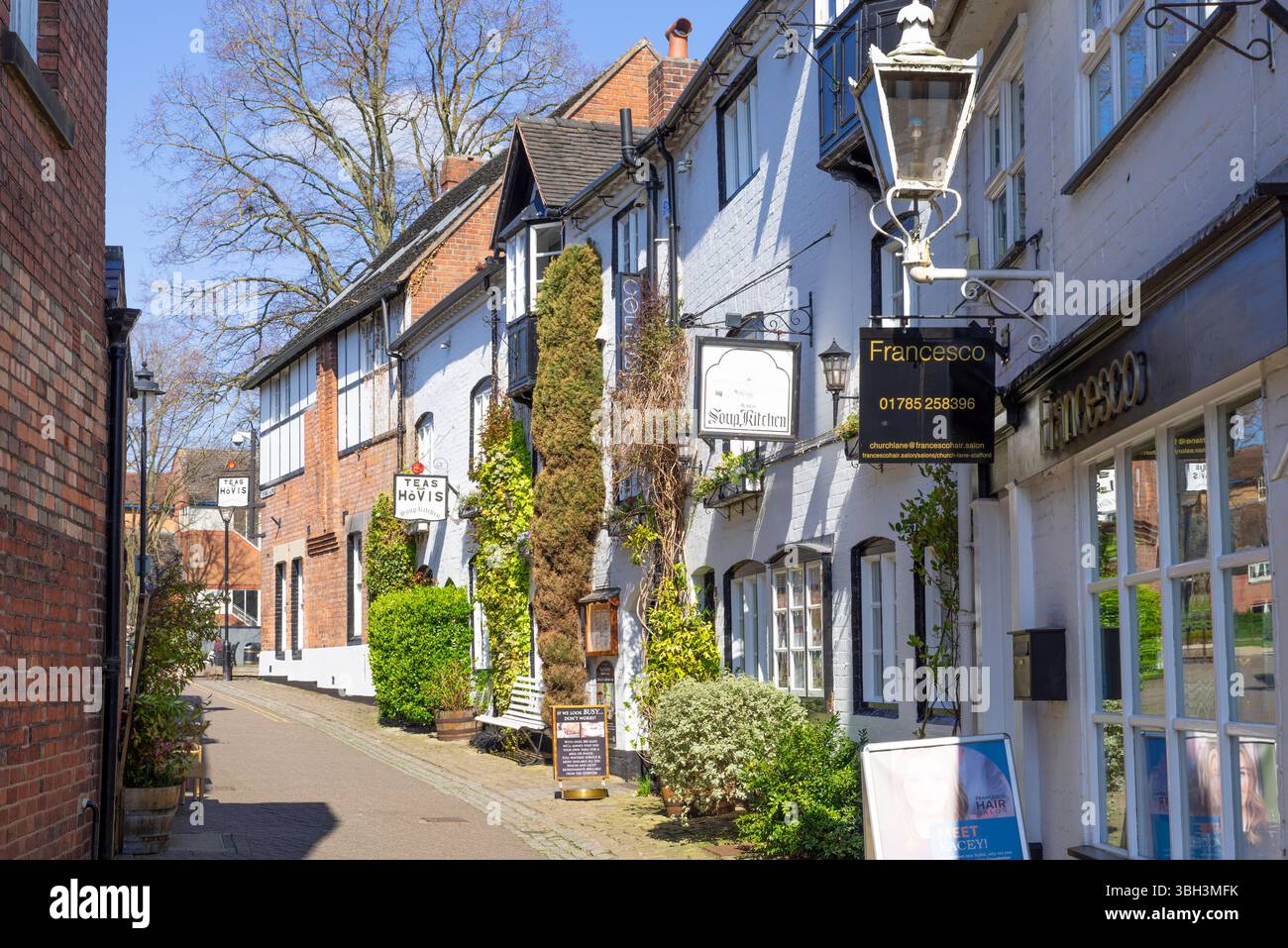 Stadtzentrum von Stafford historische alte Gebäude, darunter das Soup Kitchen Restaurant in der Church Lane Stafford Staffordshire England Großbritannien GB Europa Stockfoto