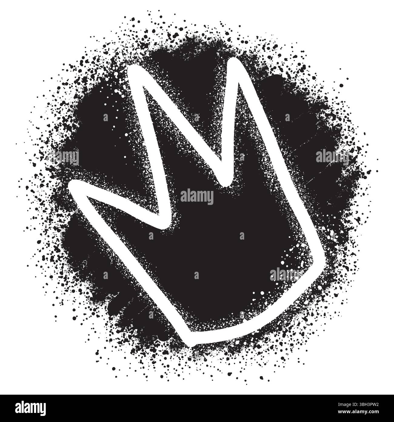 Gesprühte Krone mit Überspray in schwarz über weiß. Sprühkrone im Graffiti-Stil. Vektorabbildung. Stock Vektor