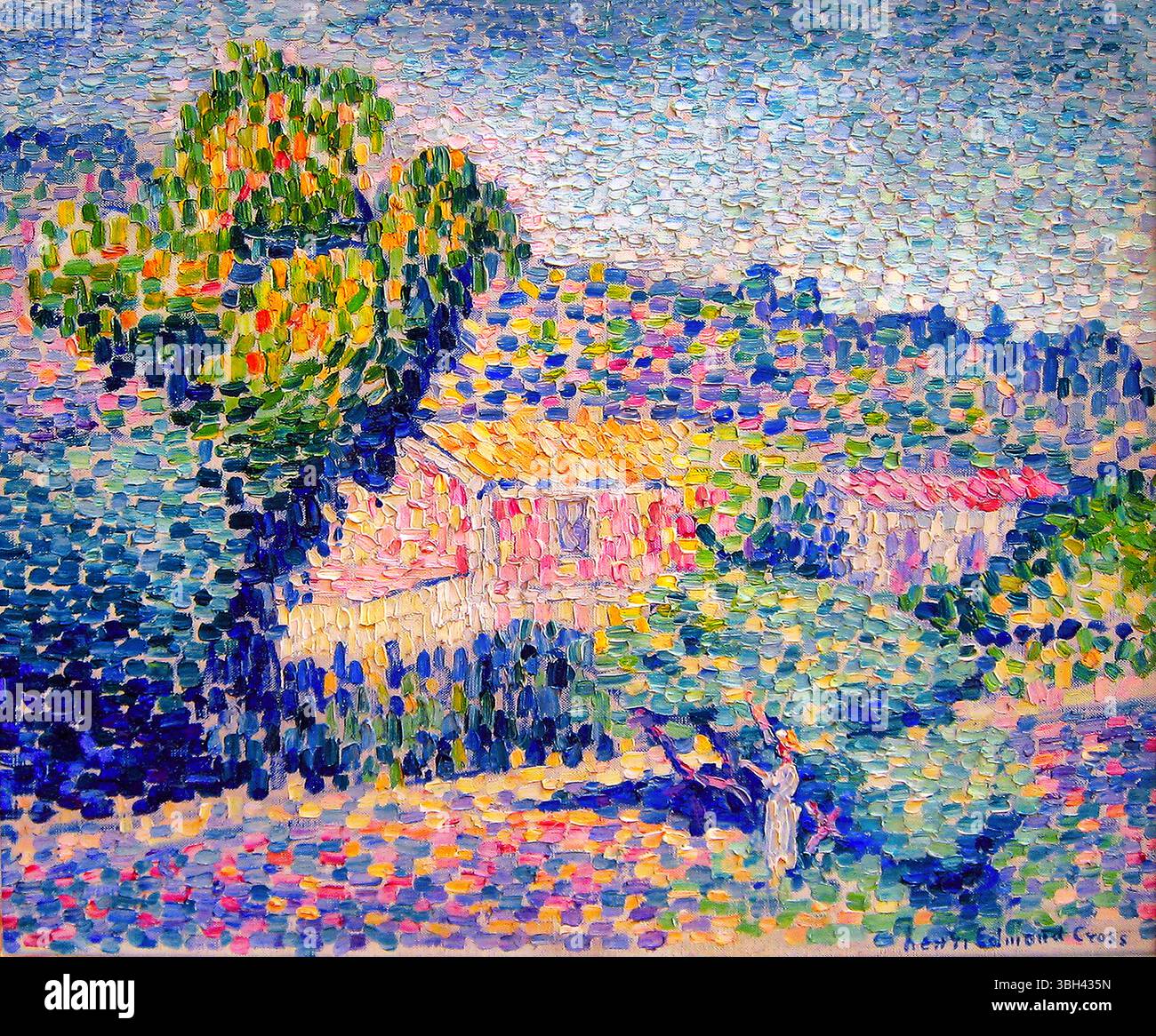 Henri Edmond Cross La maison Rose 1905 - Neo-Impressionist Pink House Landscape, Public Domain, französischer Kunstdruck des frühen 20. Jahrhunderts Stockfoto