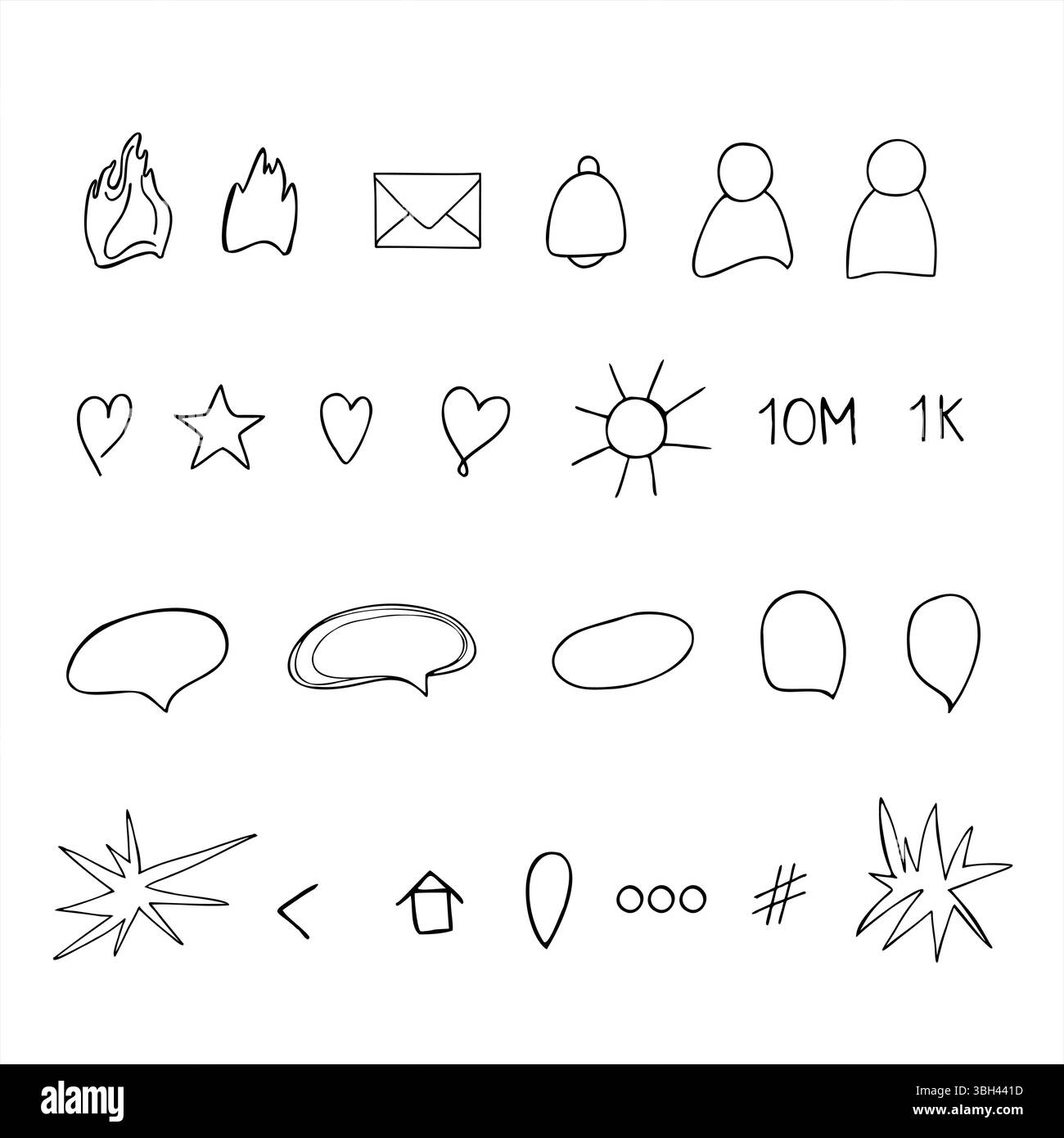 Minimaler Monochrom-Vektor-Symbolsatz für Social-Media-Botschaften mit schwarzer Tinte. Zeilenzeichnung für Herzen, Flammen, Glocken, Kuverts und Textblasen Stock Vektor