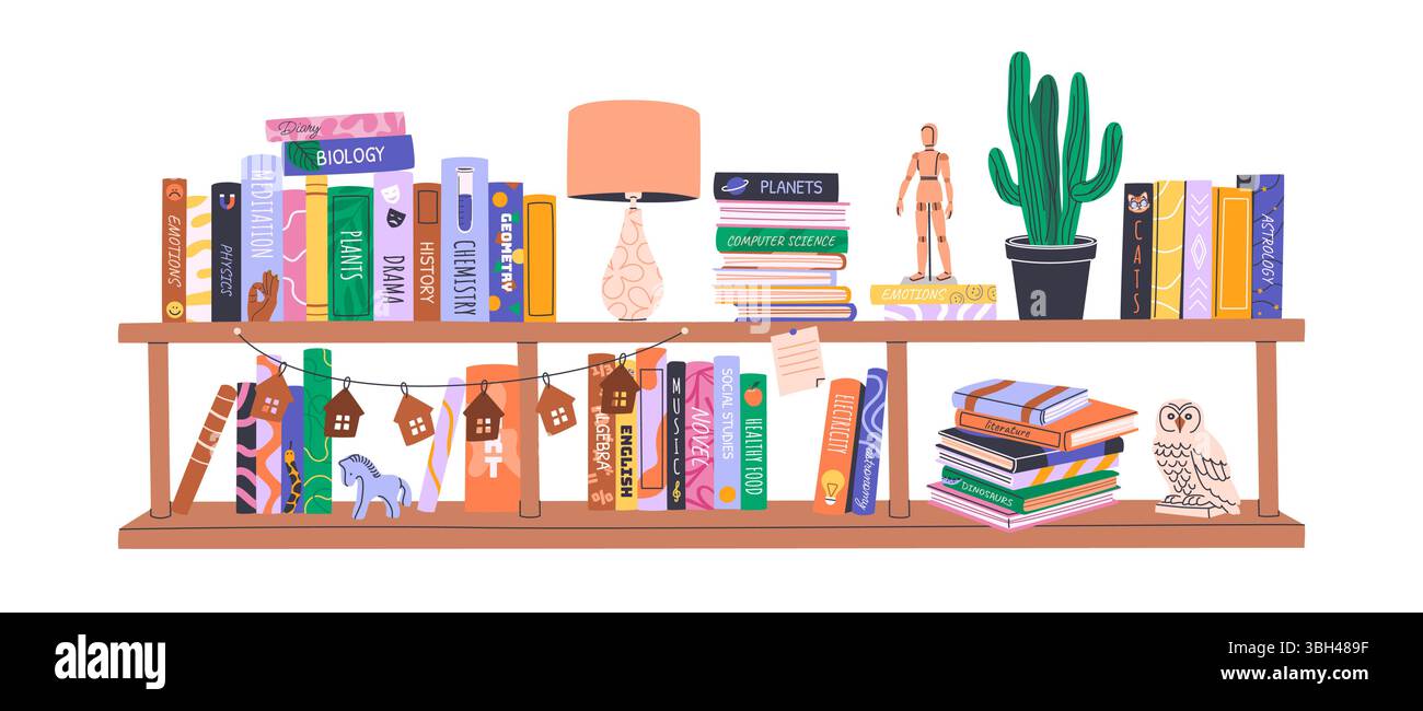 Stapel Bücher im Bücherregal. Bibliothek zu Hause. Stock Vektor