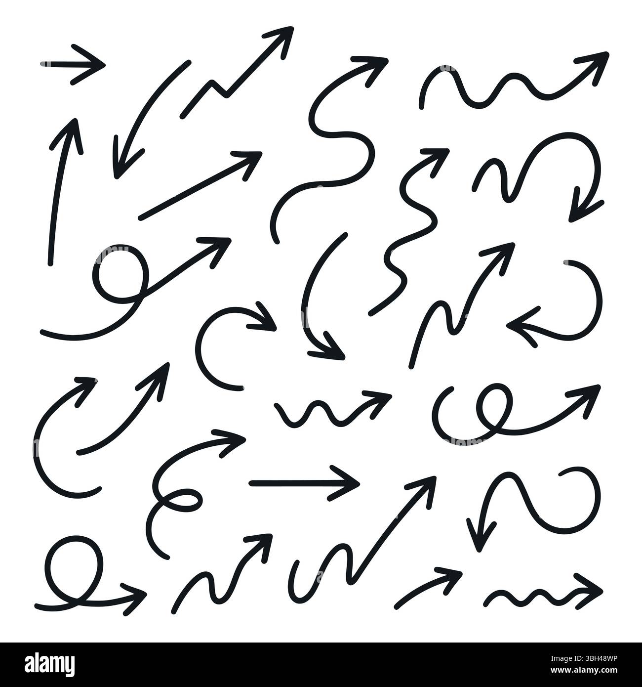 Satz von handgezeichneten Vektorpfeilsymbolen. Satz schwarzer Pfeilsymbole. Kreispfeile, Pfeildrehung, Symbol für Prozesswiederholung Stock Vektor