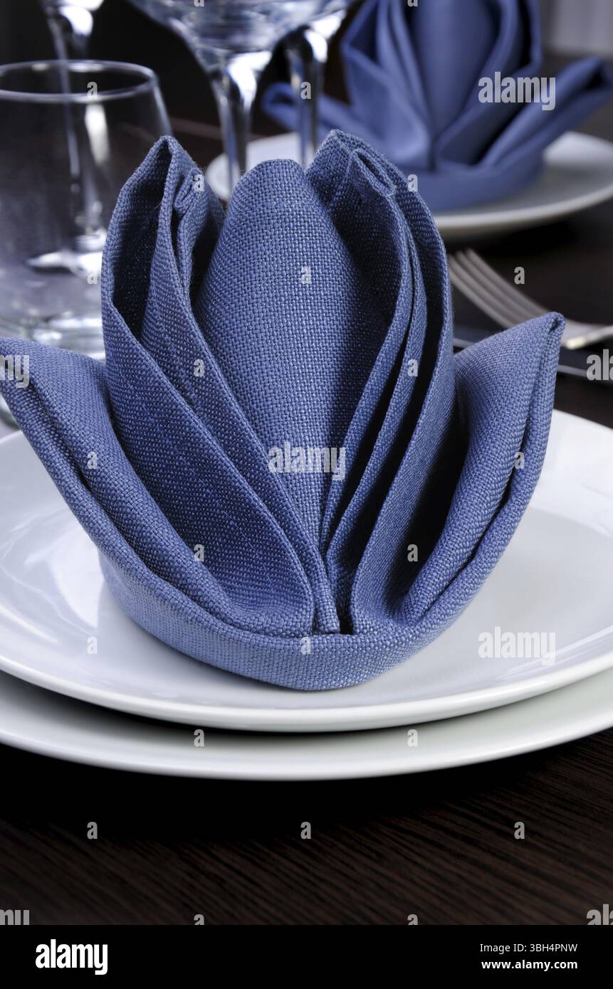 Textil-Stoff in Form von Blütenknospe auf eine Platte gefaltet Stockfoto