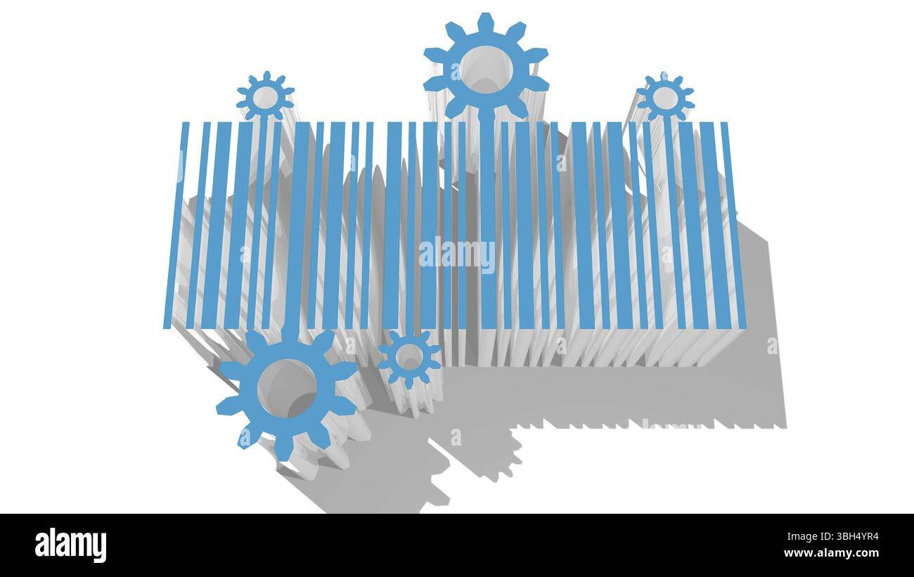 Blaues 3D mit langem Schatten und Gear-Dekoration. 3D-Rendering Stockfoto