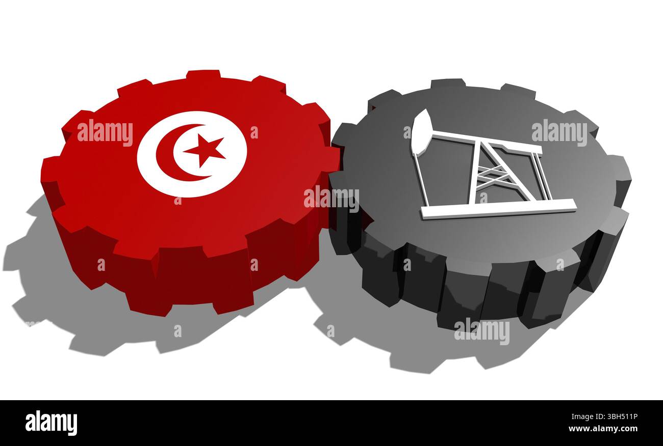 Zahnradverbindung. Ölpumpensymbol und Tunesienflagge auf Zahnrädern. Konzept der Schwerindustrie und Bergbauindustrie. 3D-Rendering Stockfoto