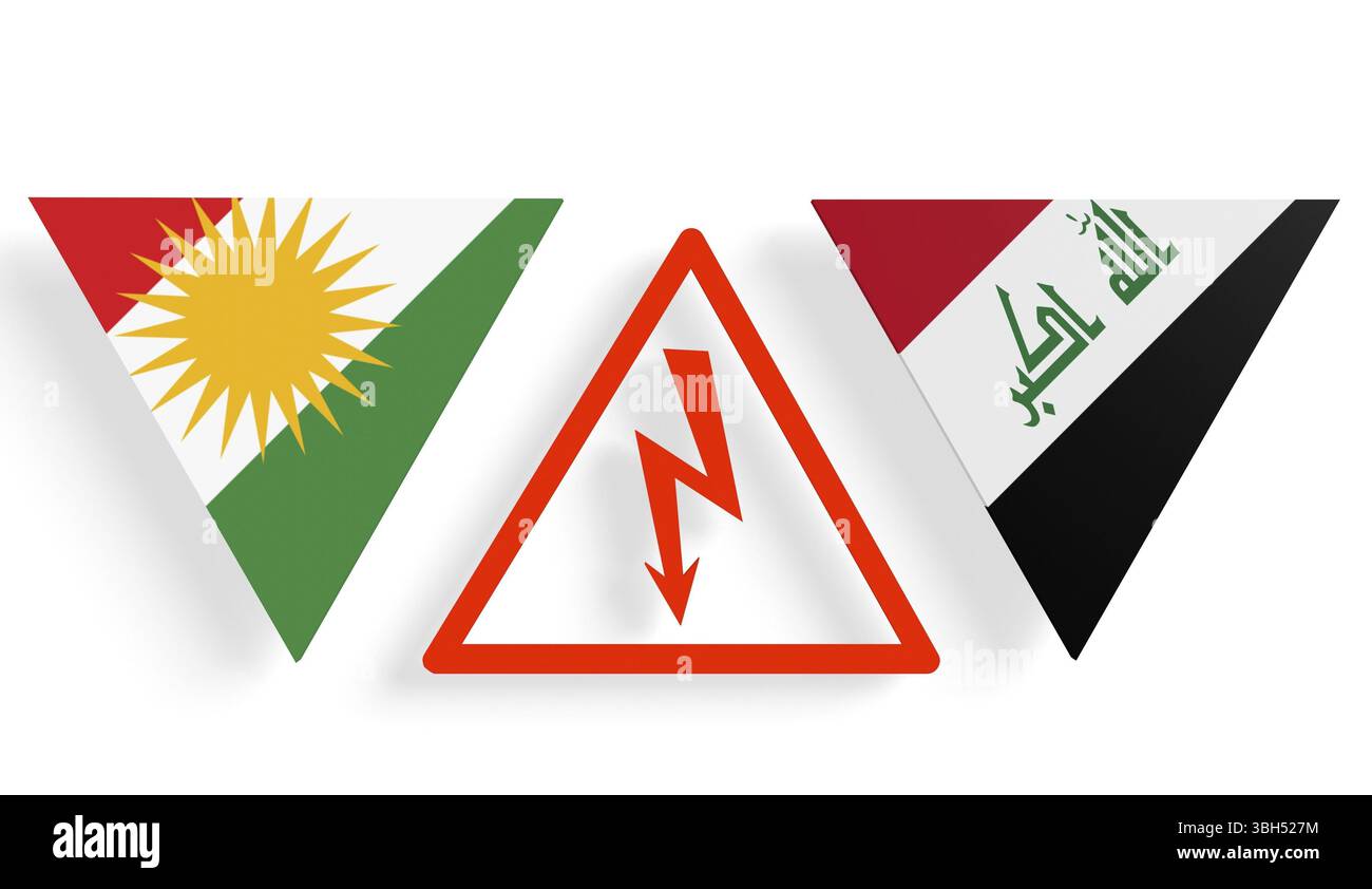 Bild relativ zu Politik Beziehungen zwischen Irak und Kurdistan. Nationale Flaggen auf Dreiecken Banner durch hohe Spannung Zeichen unterteilt Stockfoto