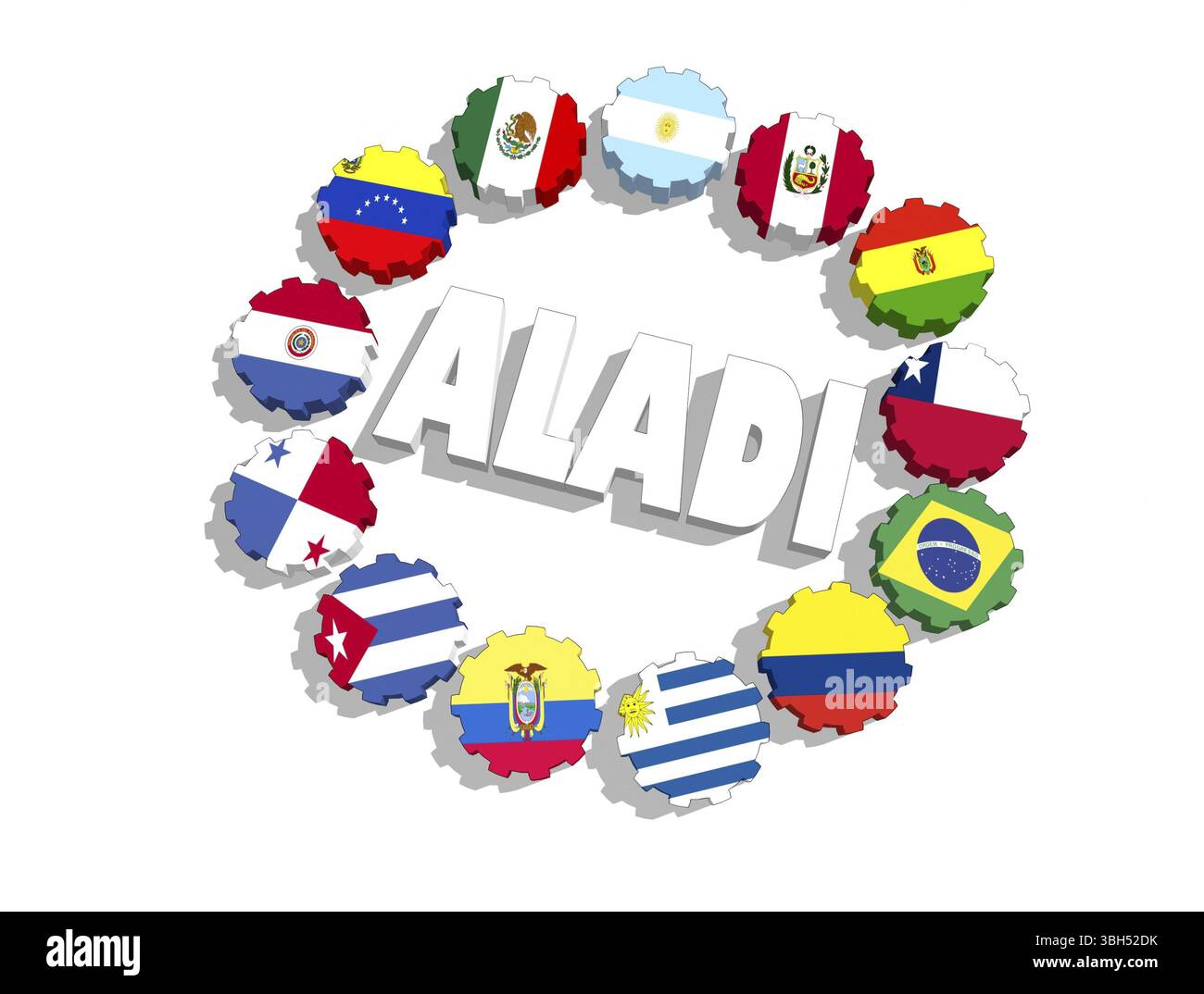 Die gewerkschaftsmitglieder der Lateinamerikanischen Integrationsassoziation Flaggen auf Zahnrädern. 3D-Rendering Stockfoto