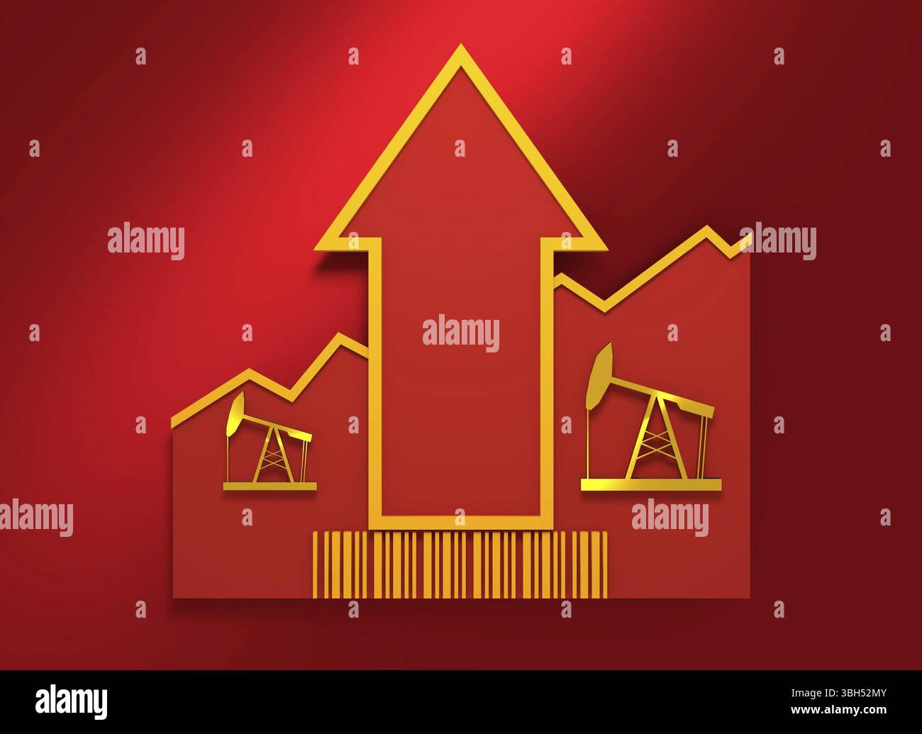 Ölpumpensymbol und Aufwärtspfeil. Wachstumsdiagramm und Barcode. 3D-Rendering Stockfoto