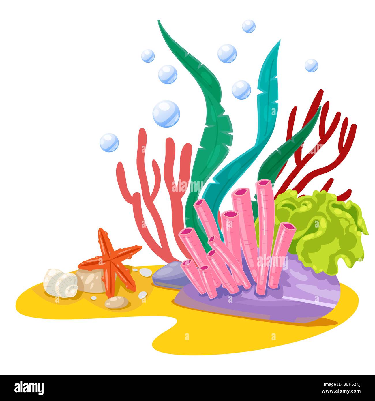 Korallenriff isoliert auf weißem Hintergrund. Vektor flache Zeichentrickillustration. Unterwasserwelt, Tauchen oder Aquarium Design Element Stock Vektor