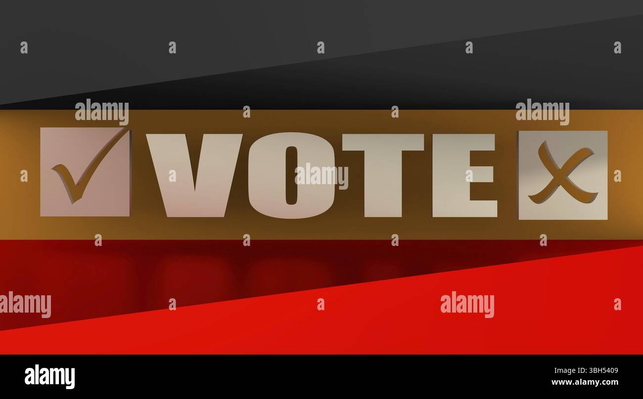 Abstimmung Text mit Häkchen auf Deutschland Fahne Hintergrund. Bild relativ zu Parlament, Präsident und andere Wahlen in Deutschland Stockfoto Abstimmung Text mit Häkchen auf Deutschland Fahne Hintergrund. Bild relativ zu Parlament, Präsident und andere Wahlen in Deutschland Stockfoto