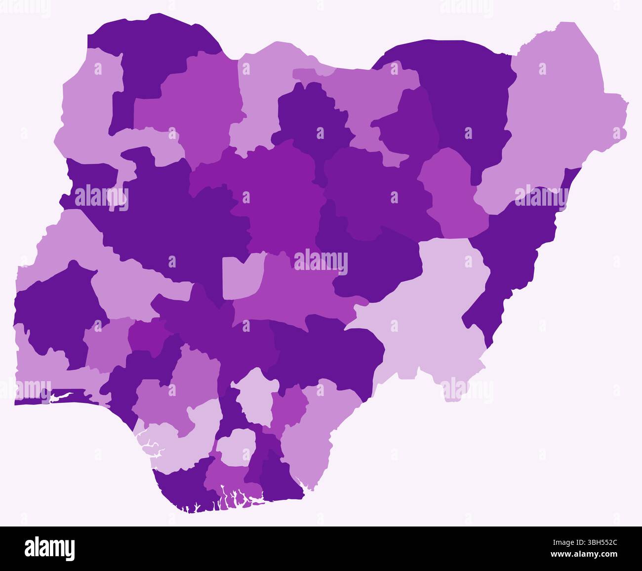Karte von Nigeria mit Regionen. Nur eine einfache Ländergrenzkarte mit regionaler Aufteilung. Lila Farbpalette. Stock Vektor