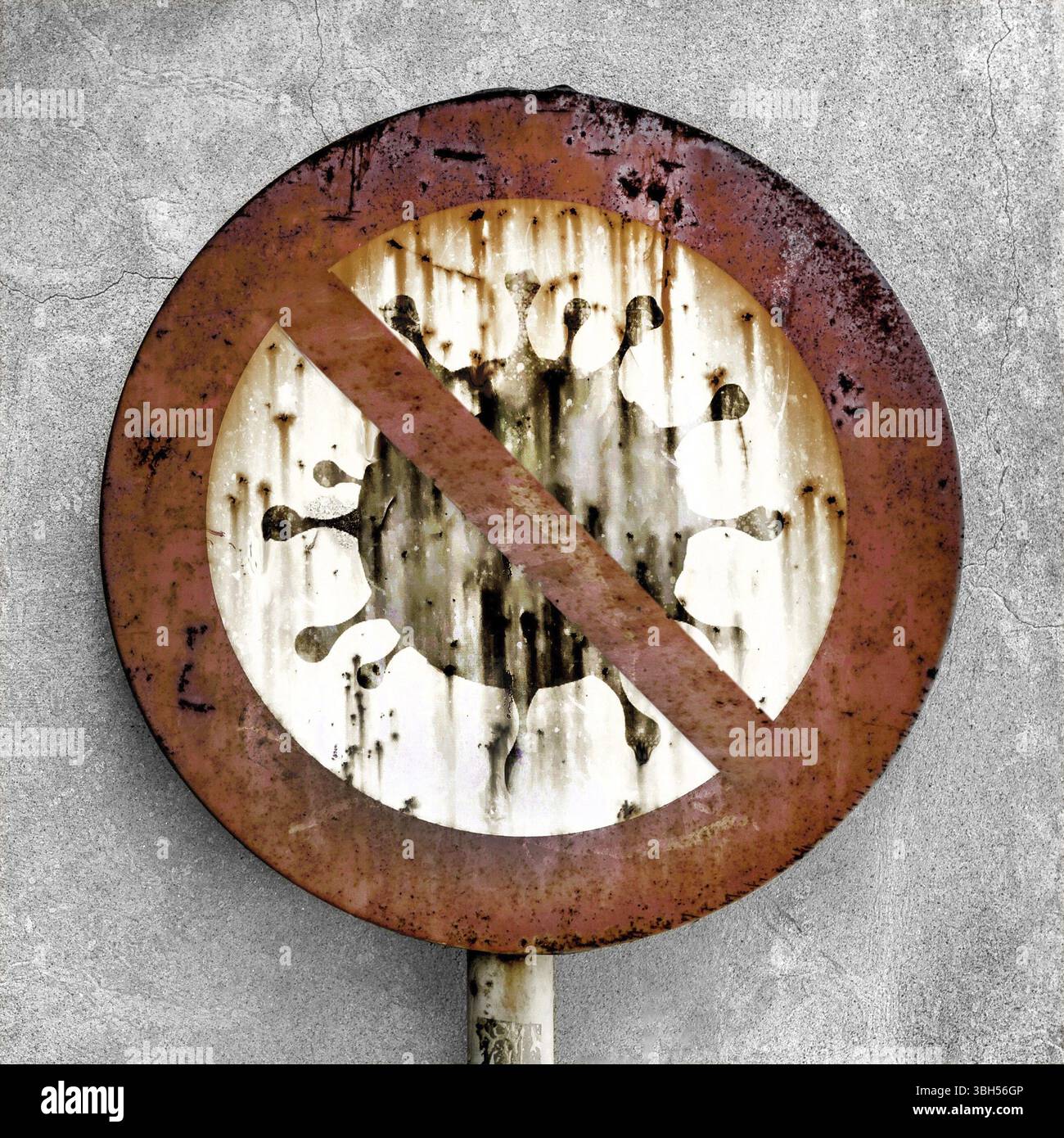 Stoppen Sie Covid-19 Virus Icon in Circle. Zugangsverbot Schild mit Coronavirus Symbol auf grungy Wand Hintergrund. Verkehrszeichen für Anti Coronavirus oder covid-19 h Stockfoto