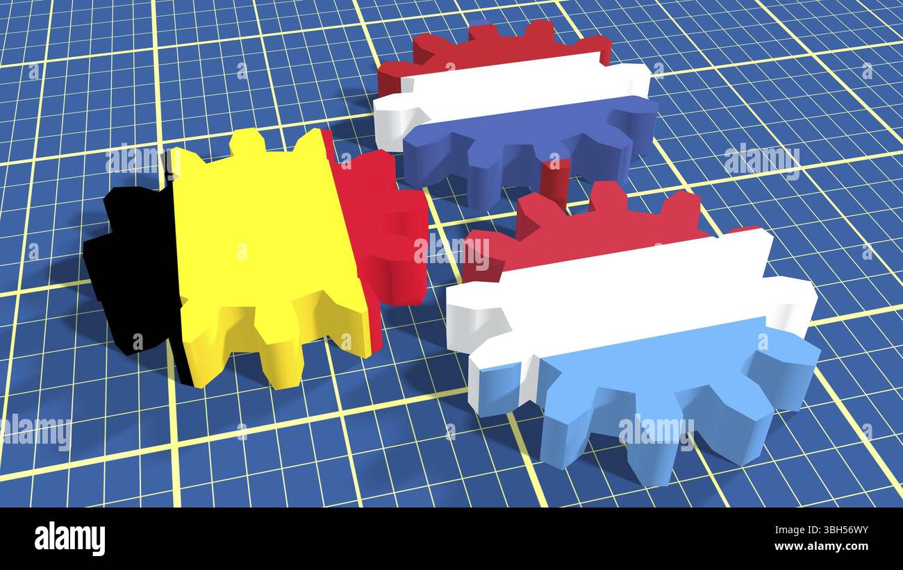 Politiker- und wirtschaftsgewerkschaftsmitglieder Flaggen auf Zahnrädern. Hintergrund der Blaupause-Oberfläche. Benelux Stockfoto