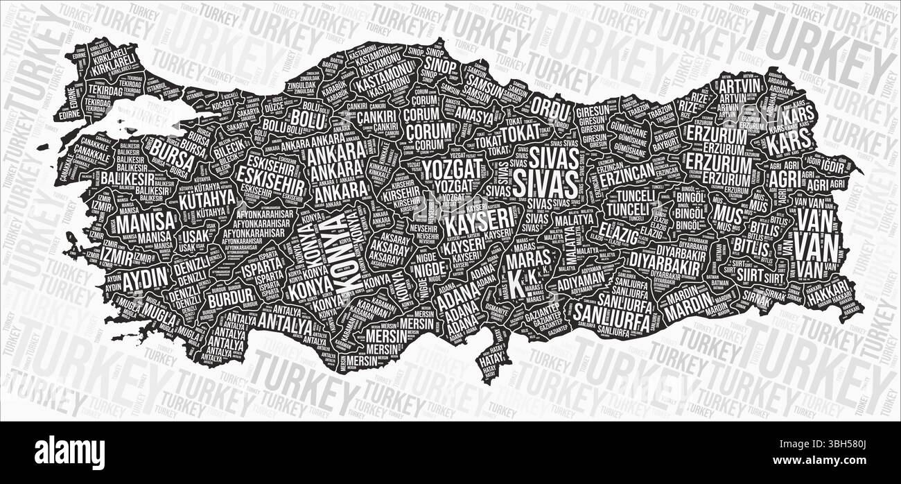 Türkei Regionen Map Word Cloud. Namen der Region Türkei. Schwarz-weiß-Kartendesign. Künstlerische Vektorillustration. Stock Vektor