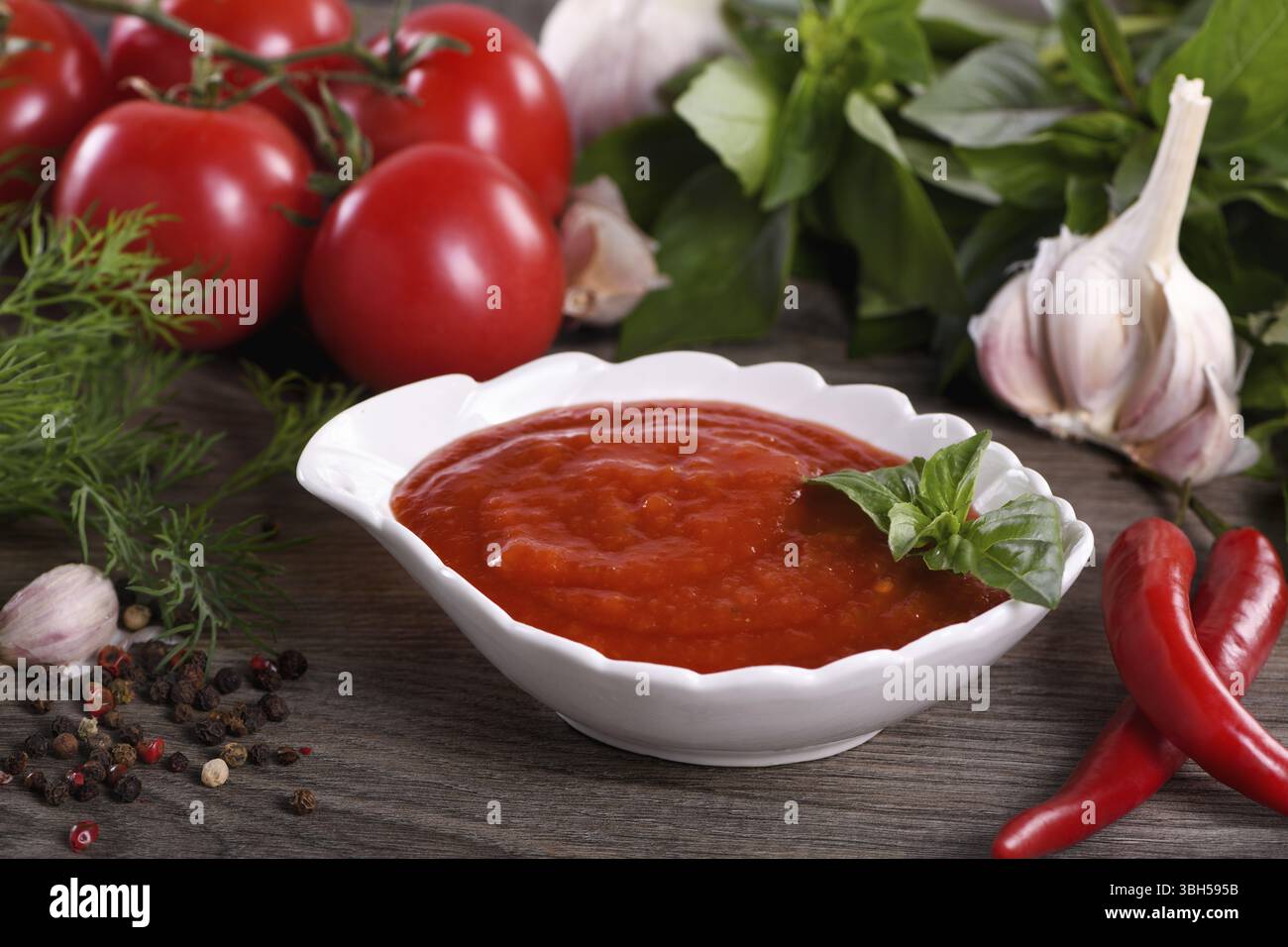 Traditionelle klassische hausgemachte Tomatensoße mit Gewürzen und Kräutern. Duftendes Dressing für verschiedene Gerichte. Geschmack und Einfachheit Stockfoto