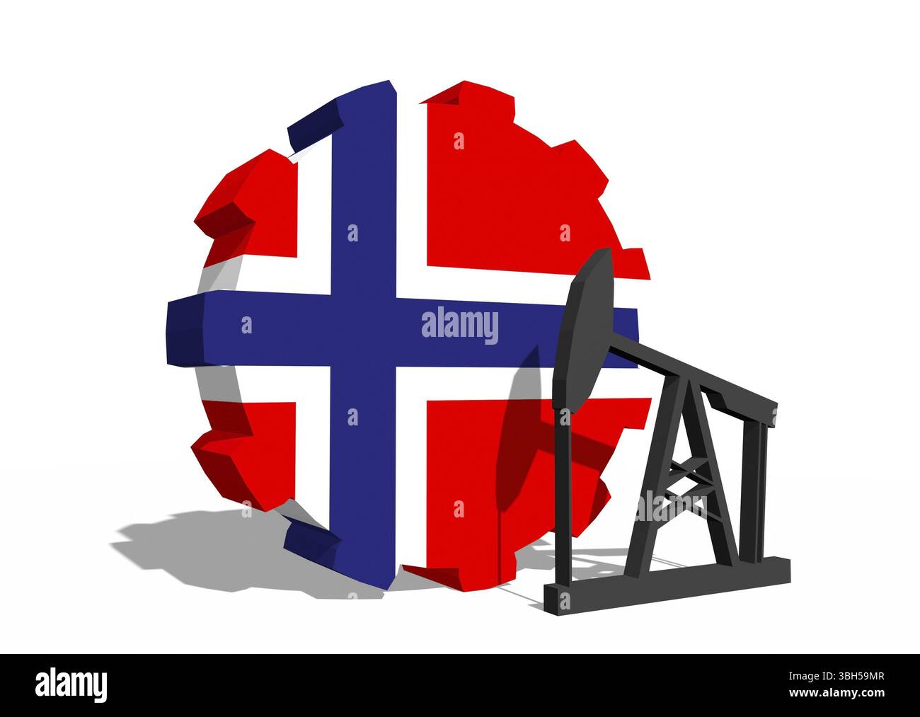 Zahnrad mit Ölpumpe, texturiert von der norwegischen Flagge. Konzept der Schwerindustrie und Bergbauindustrie. 3D-Rendering Stockfoto