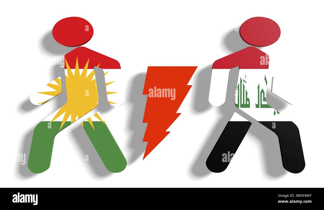 Bild relativ zu Politik Beziehungen zwischen Irak und Kurdistan. Nationale Fahnen auf die menschliche Symbole durch hohe Spannung Zeichen unterteilt Stockfoto