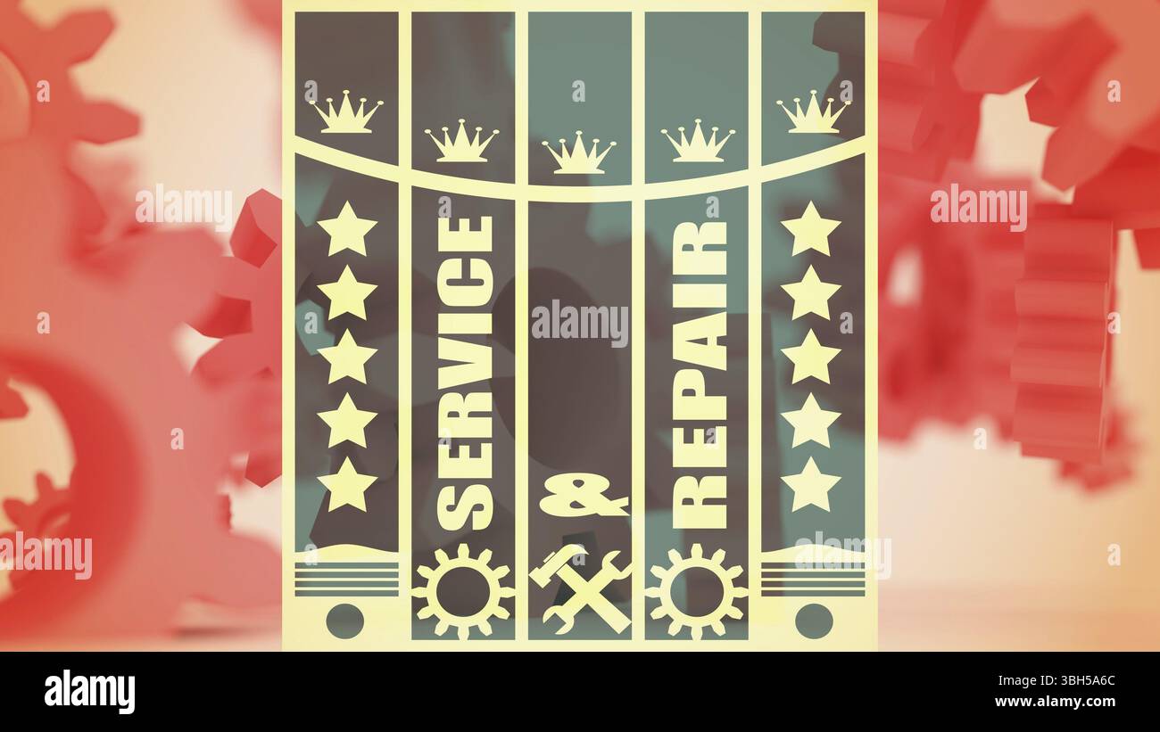 Gruppe von Zahnrad 3D-Modelle. Levitation Objekte. Präzision Maschinen relative Kulisse. Doppelt belichtete Bild unscharf. Broschüre Muster. Service und Instandsetzung Stockfoto