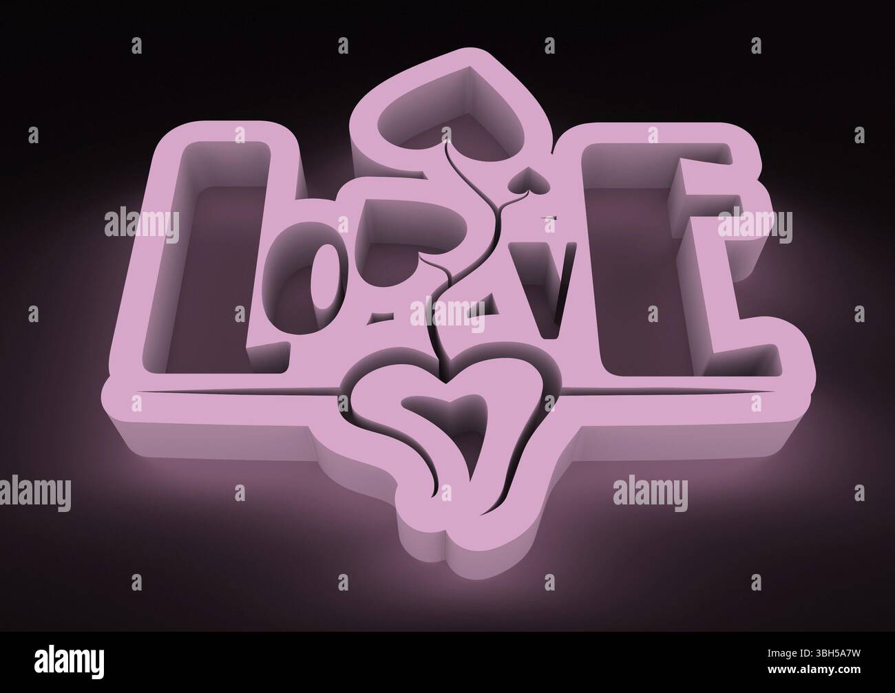 Valentinskarte mit Neon-Glanz-LIEBESWORT in 3D-Effekt. Leuchtende Buchstaben. Herzförmige Pflanze Stockfoto