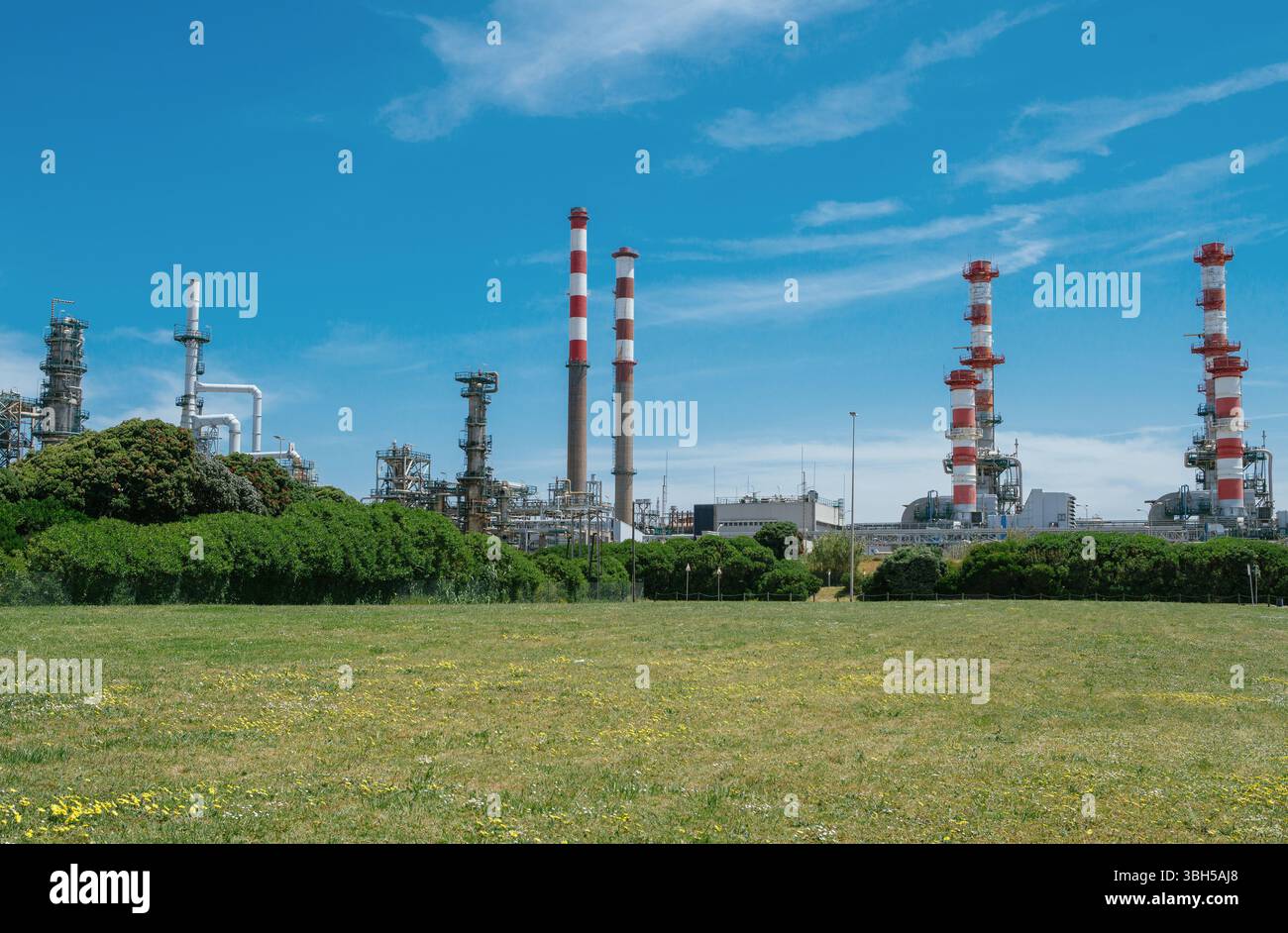 Raffinerieanlage umgeben von grünem Rasen unter blauem Himmel. Versorgungsunternehmen, Gas, Öl, Energie, Industrie, Kraftstoffproduktion, Infrastruktur, Umwelt, so Stockfoto