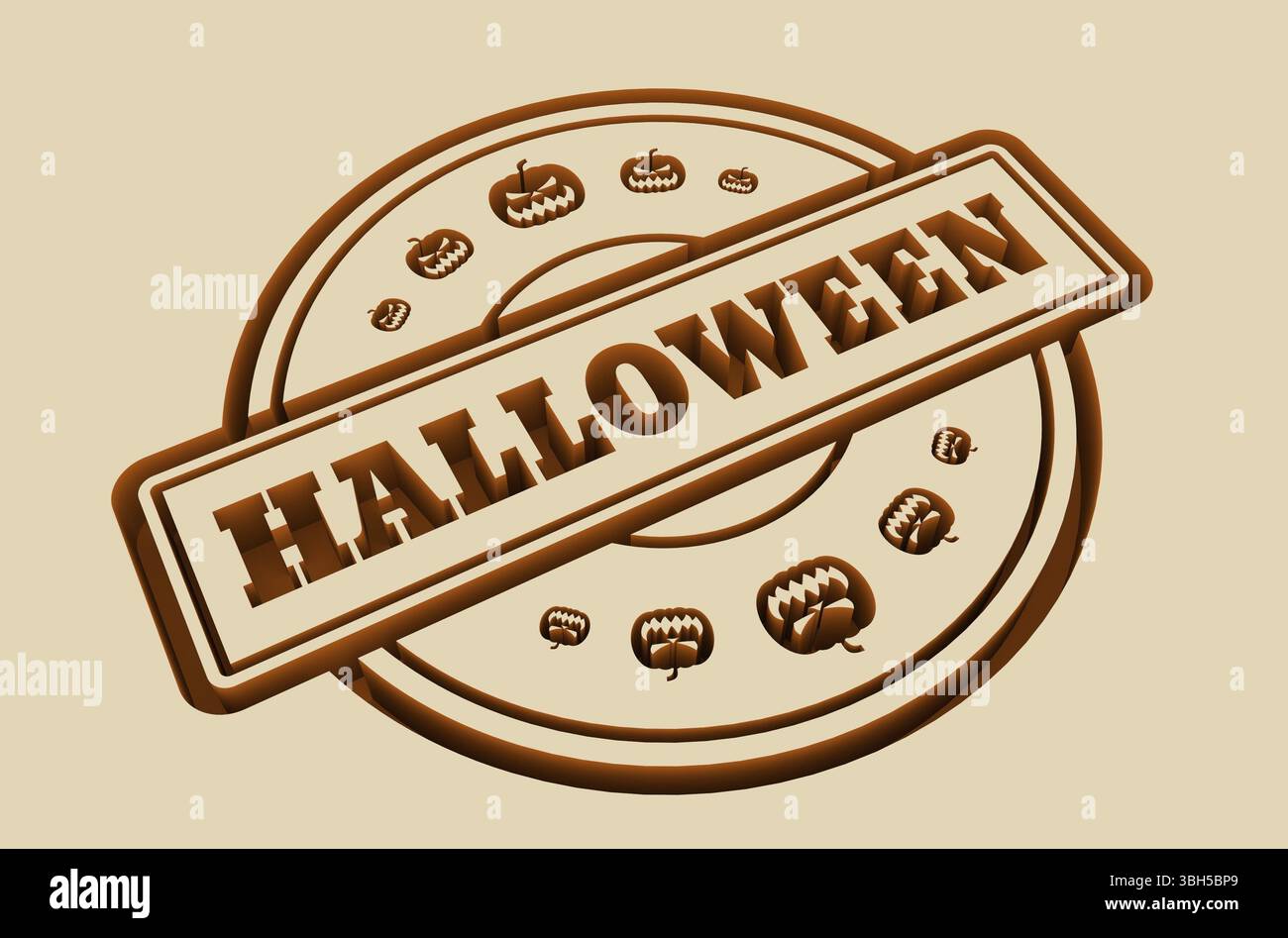 Geschnitzter Stempel mit Halloween-Text und Kürbissymbolen. 3D-Rendering Stockfoto