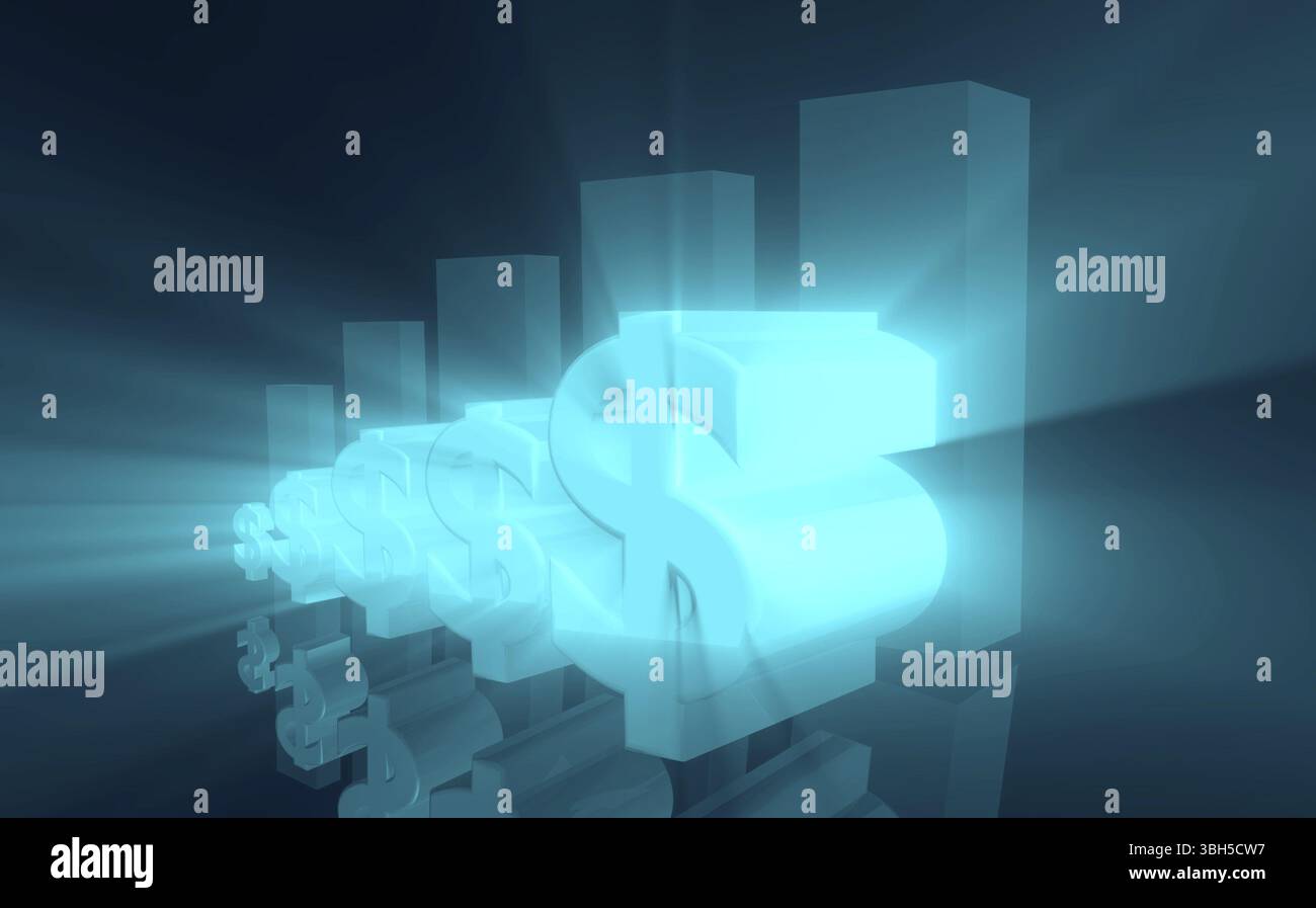 Leuchtendes Dollarsymbol und Wachstumsdiagramm. 3D-Rendering Stockfoto