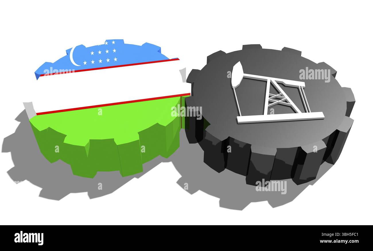 Zahnradverbindung. Ölpumpensymbol und usbekische Flagge auf Zahnrädern. Konzept der Schwerindustrie und Bergbauindustrie. 3D-Rendering Stockfoto