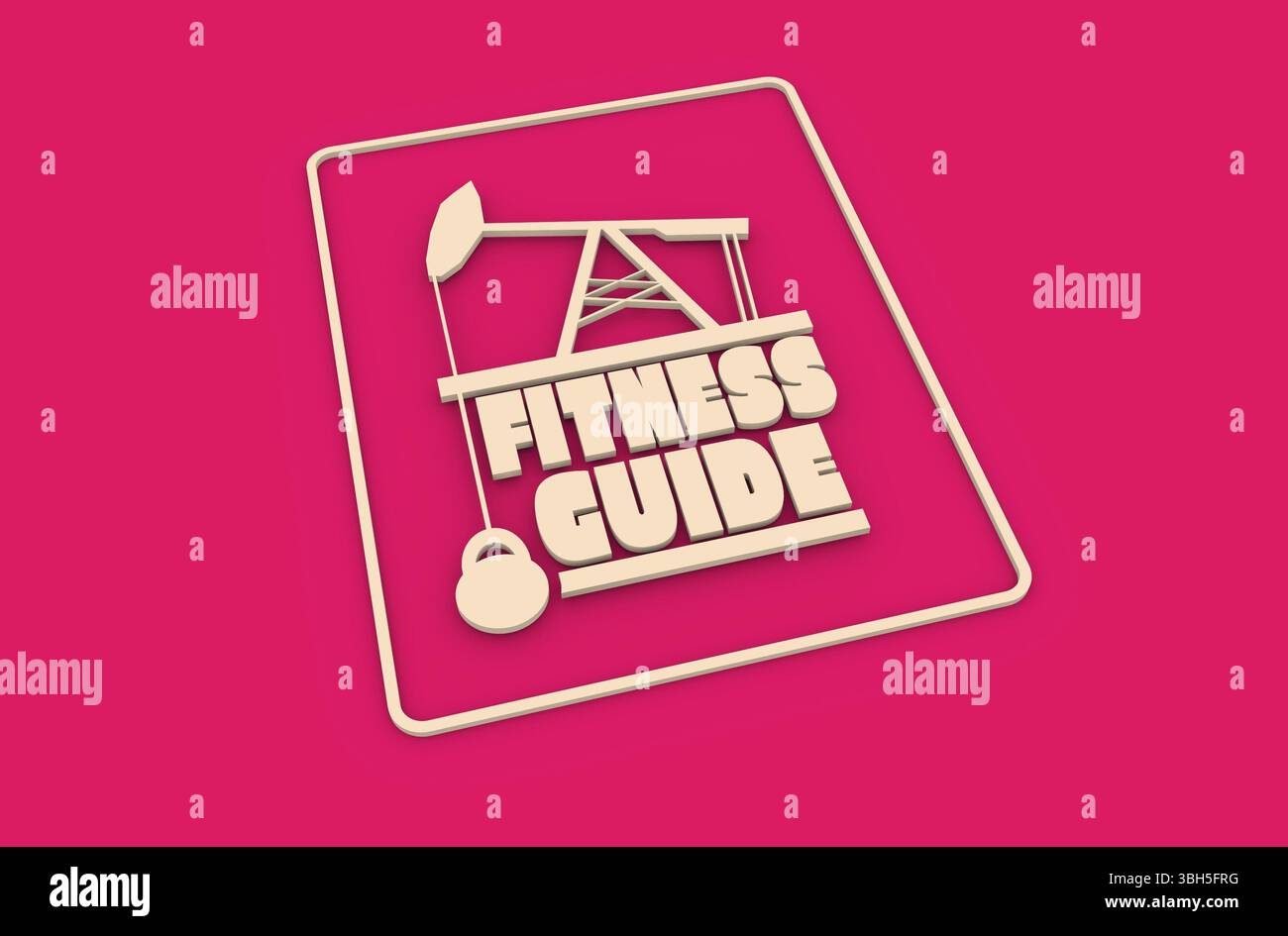 Text für den Fitnessguide. Kreatives Typografie-Poster-Konzept. Symbole für Buchstaben und Ölpumpenheber. Relatives Bild der Körperbildung Stockfoto