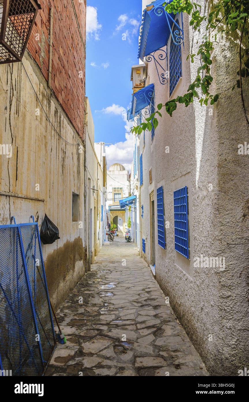 Enge Straße mit weißen Häusern in Hammamet Tunesien Stockfoto