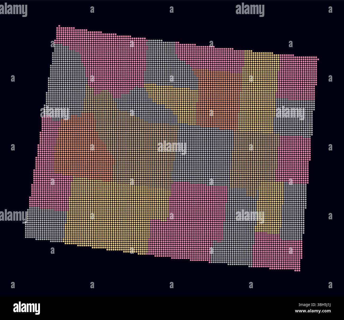 Wyoming gepunktete Karte. Digitale Stilkarte des Status auf dunklem Hintergrund. Wyoming-Form mit Kreispunkten. Farbige Punkte. Kleine Kreise. Stock Vektor