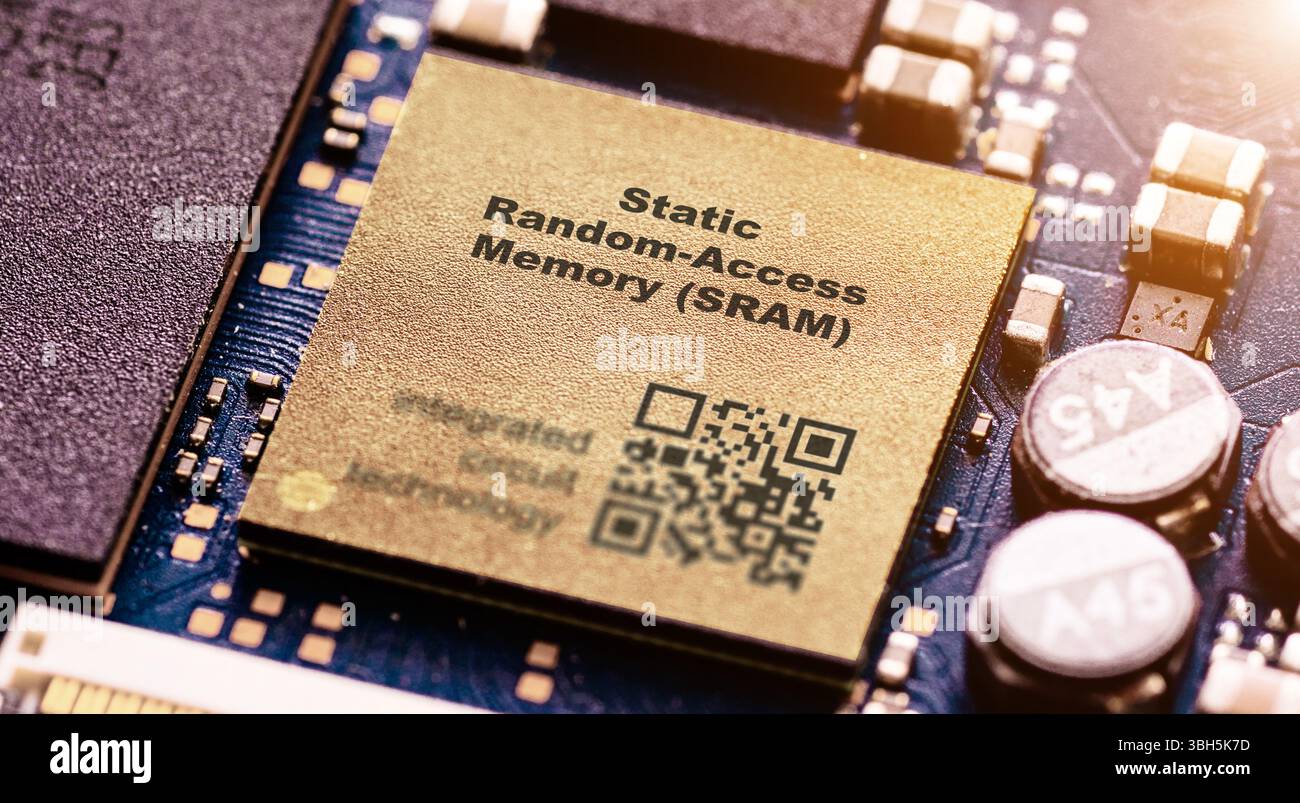 Statischer Random-Access-Speicher (SRAM). Flüchtiger Speicher, der Daten speichert, solange die Stromversorgung erfolgt. Stockfoto