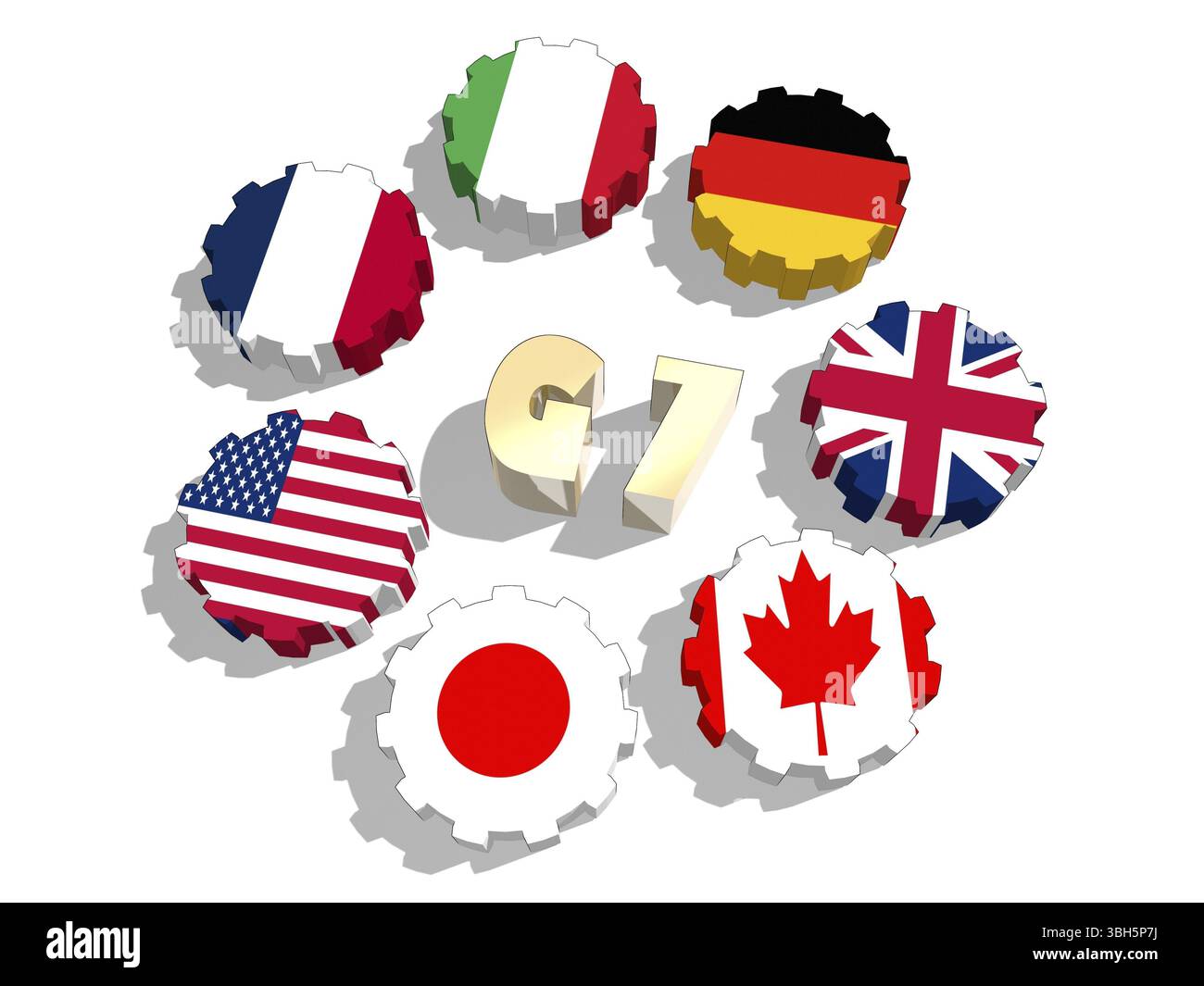 G7-Verband von sieben nationalen Volkswirtschaften Flaggen auf Zahnrädern. Blueprint-Hintergrund. Gruppe der Sieben ein politisches Forum der Regierung Stockfoto