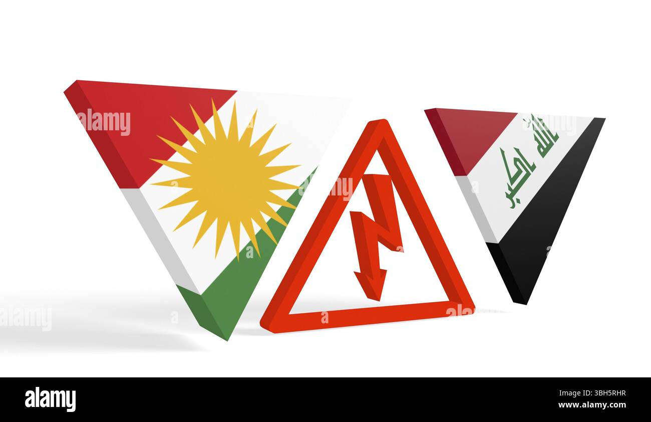 Bild relativ zu Politik Beziehungen zwischen Irak und Kurdistan. Nationale Flaggen auf Dreiecken Banner durch hohe Spannung Zeichen unterteilt Stockfoto