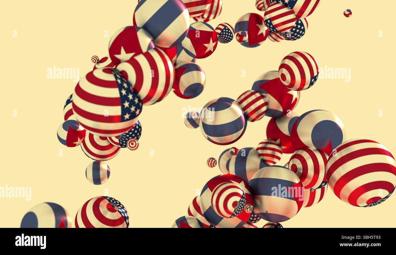 Große Gruppe von Kugeln oder Kugeln schweben im leeren Raum. 3D-Rendering. USA und Kuba Flaggen Stockfoto
