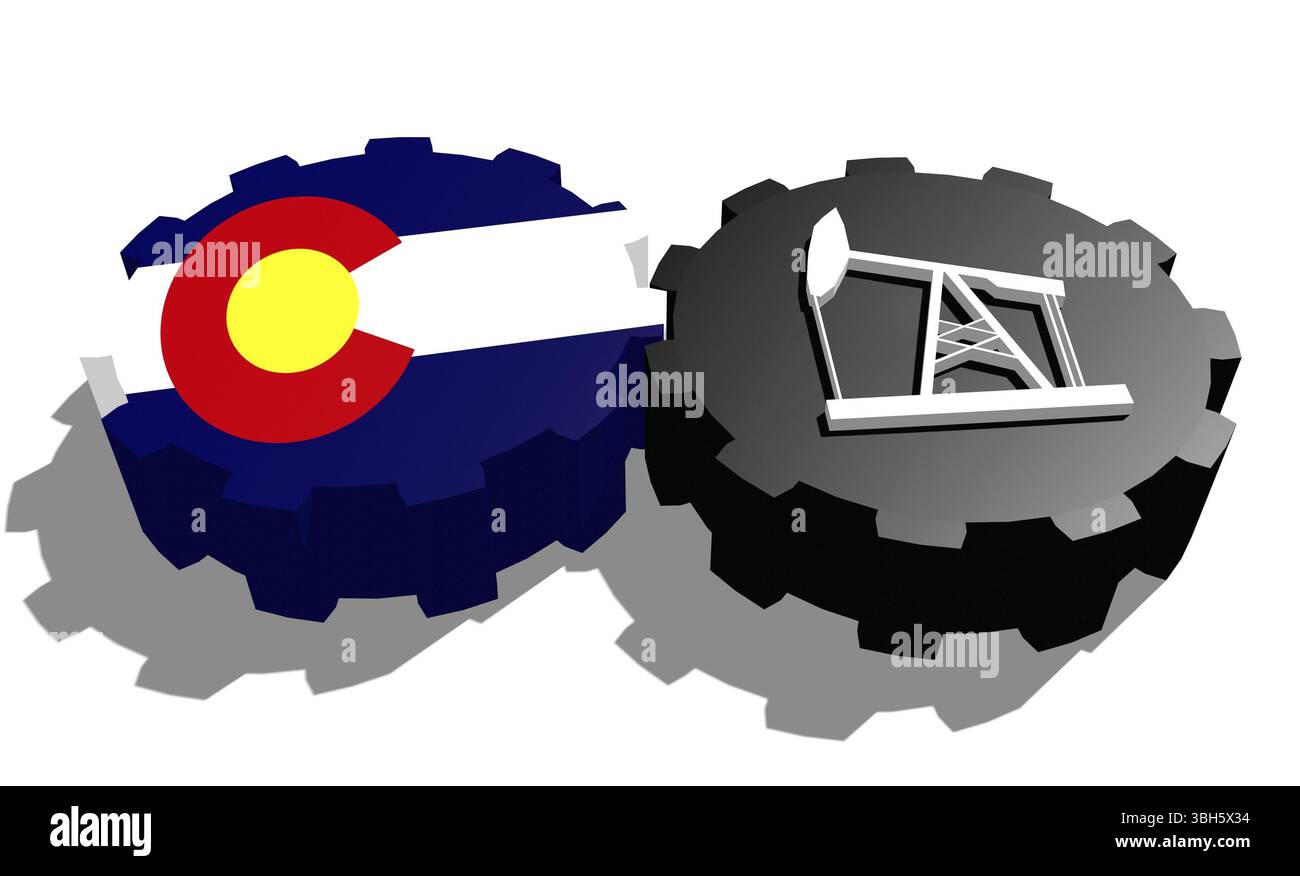 Zahnrad mit Ölpumpe, texturiert von der Flagge von Colorado. Konzept der Schwerindustrie und Bergbauindustrie. 3D-Rendering Stockfoto