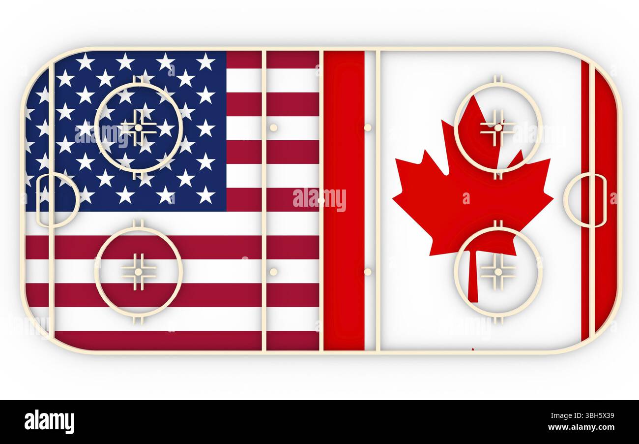 USA gegen Kanada. Eishockey Wettbewerb 2016. Nationale Fahnen auf dem Spielplatz. 3D-Rendering Stockfoto